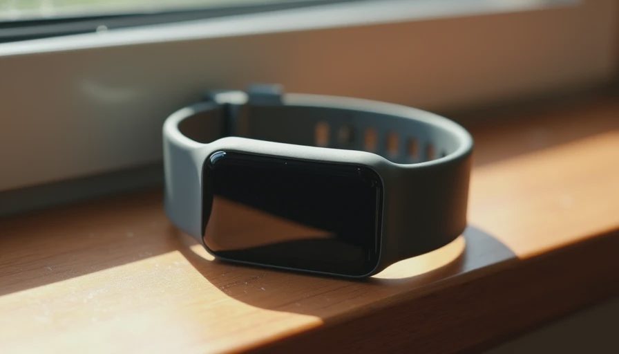 Close-up of a matte silicone fitness-tracker strap and charcoal case on a wooden windowsill in soft morning light.