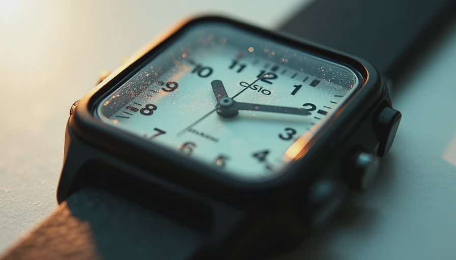 Macro detail of scratched acrylic crystal and black resin case on a basic analog Casio watch.