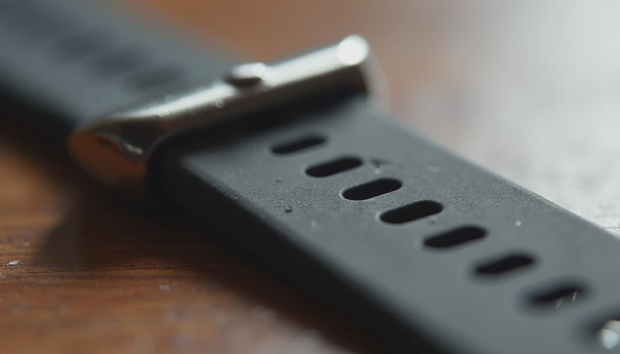 Macro view of a stretched and marked silicone watch band with scuffed buckle.