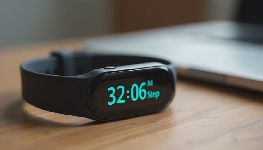 Close-up of a basic fitness band displaying teal heart-rate and step data on a wooden desk.
