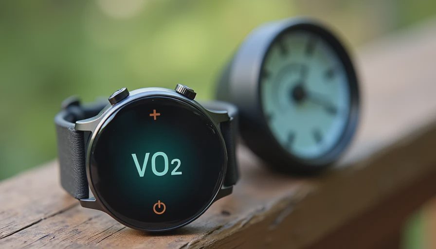 Smartwatch displaying a teal VO2 reading with downward arrow beside a thermometer on a wooden railing.