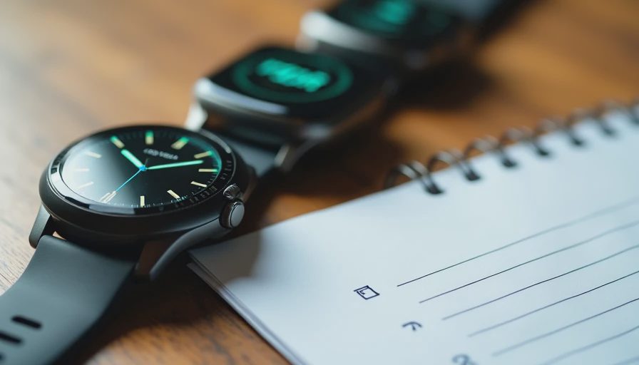 Three different running-watch faces beside a notebook with blank decision lines on a wooden desk.