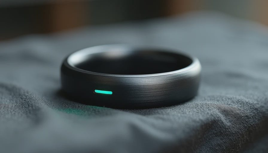 Macro view of a matte charcoal smart ring with a small glowing teal indicator light.