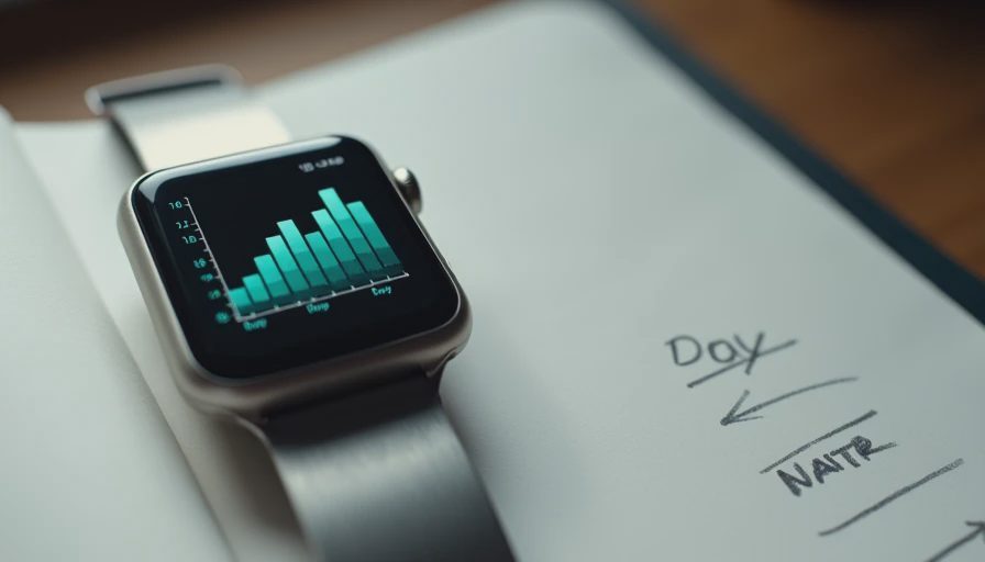 Smartwatch displaying a teal trend graph beside a notebook with simple hand-drawn arrows.