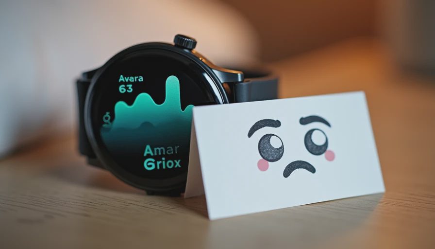 Smartwatch with average teal sleep score beside a small note card showing a simple tired-face sketch.