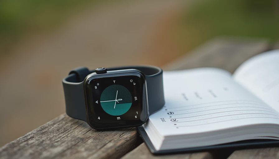 Smartwatch with teal zone display beside a notebook showing simple hand-drawn effort bands on a wooden bench.