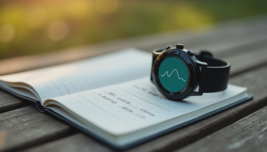 Running watch with teal trend graph beside a notebook with simple blank columns on a wooden bench.