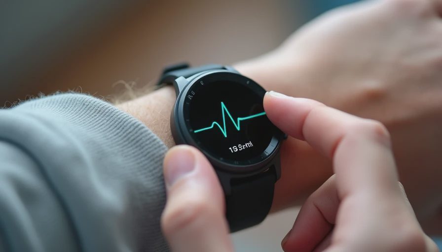 Close-up of fingers recording a teal ECG tracing on a smartwatch screen.