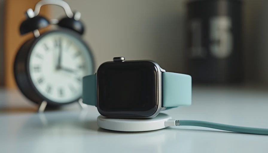 Smartwatch placed face-down on a charger beside a basic alarm clock in soft morning light.