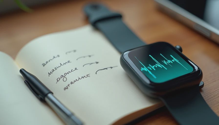 Smartwatch with teal heart-rate trend graph beside a notebook showing simple hand-drawn baseline lines.