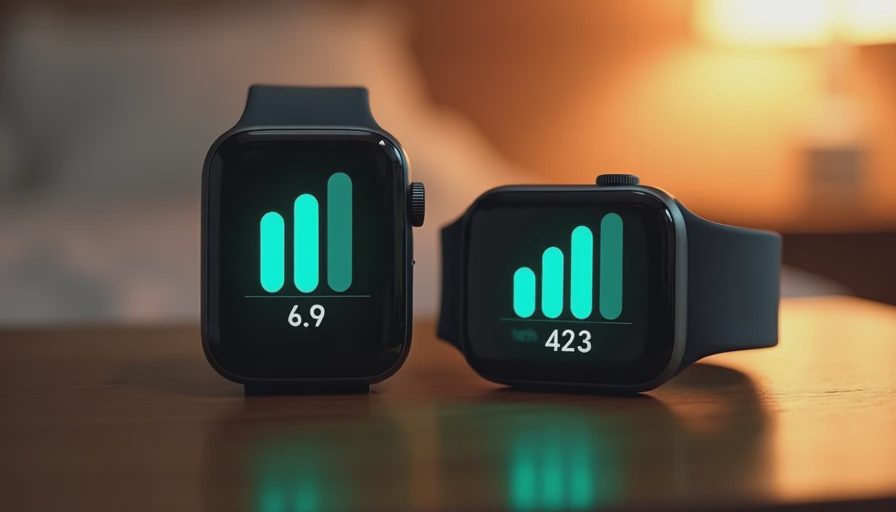 Two wearable screens showing mismatched teal sleep-stage graphs on a wooden nightstand.