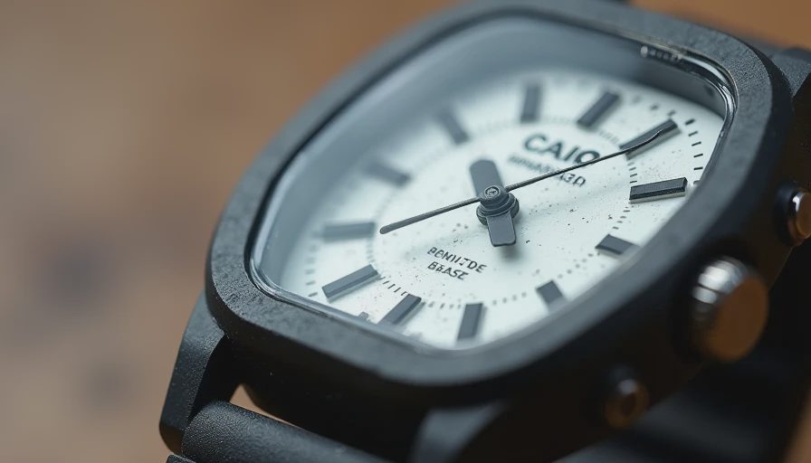 Macro close-up of scratched acrylic crystal and worn black resin on a classic Casio watch.