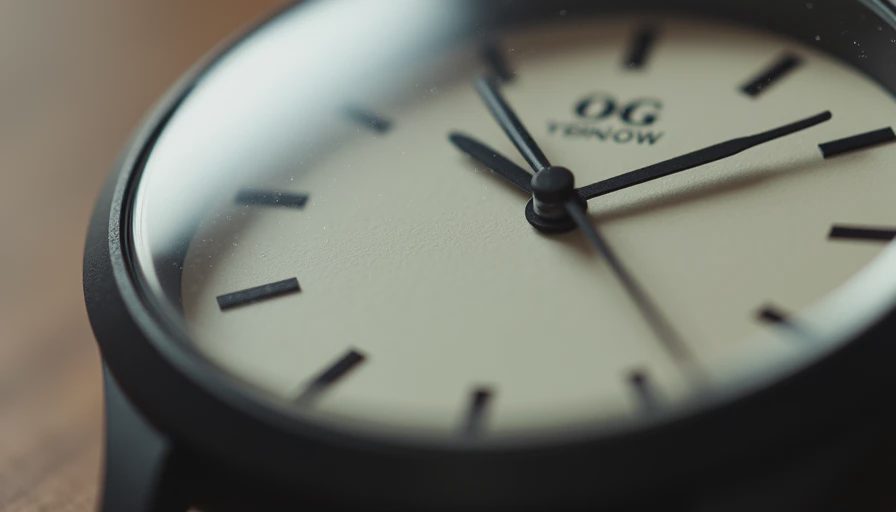 Macro detail of scratched acrylic crystal and simple black hands on a classic analog watch.